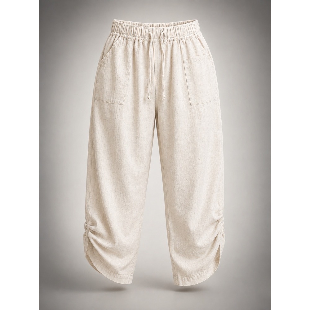 Tarse Women Beige Linen Blend Ruched Hem Cropped Pants Elastic Waist Large